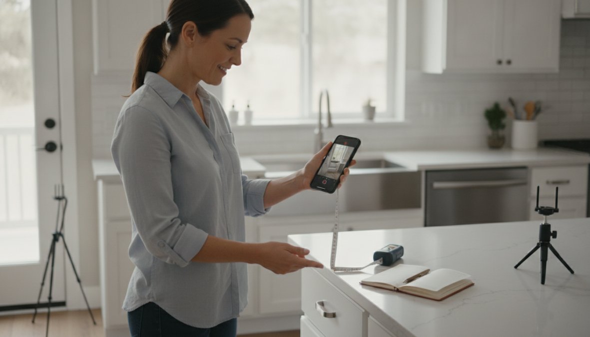 A homeowner using a smartphone to record a video walkthrough of a kitchen renovation area, capturing countertops and cabinetry from multiple angles with natural window lighting