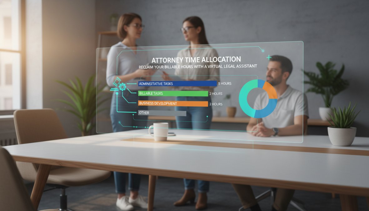 Bar graph showing time allocation for attorneys: 3 hours billable tasks, 5 hours administrative tasks, 2 hours business development, 1 hour other