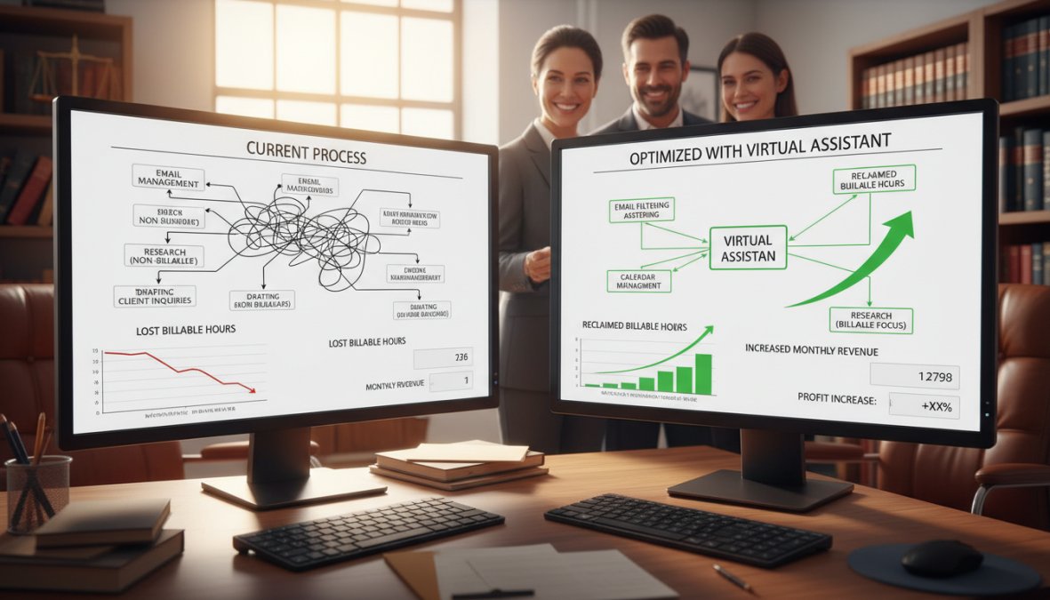 Screenshot of ROI calculator showing input fields for billable hours, hourly rate, and projected time savings, with calculated fields for revenue increase.
