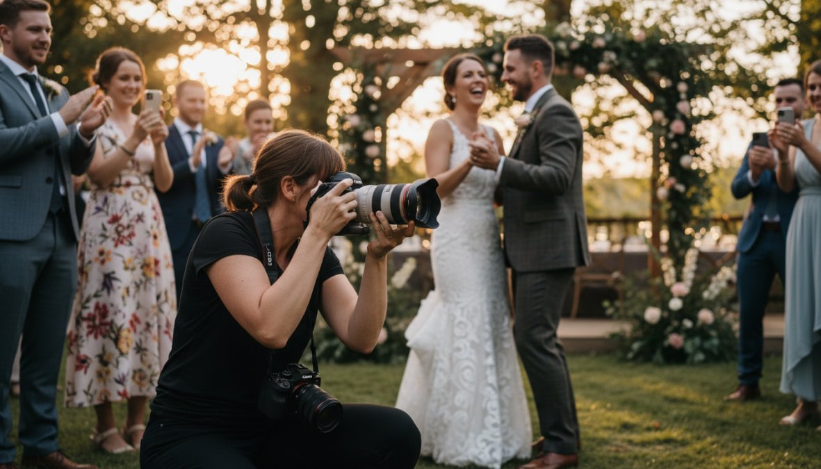 A professional photographer with a full-frame DSLR camera and 70-200mm telephoto lens capturing candid moments at a corporate gala, formally dressed guests mingling under warm amber chandeliers in the background