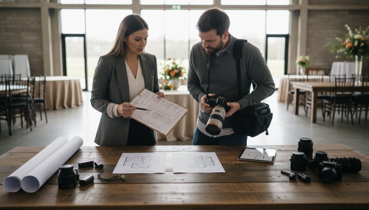 An event planner and photographer sitting together at a round table in an empty venue, reviewing a printed shot list on a clipboard, the photographer pointing to specific items while the planner takes notes, natural daylight coming through tall windows