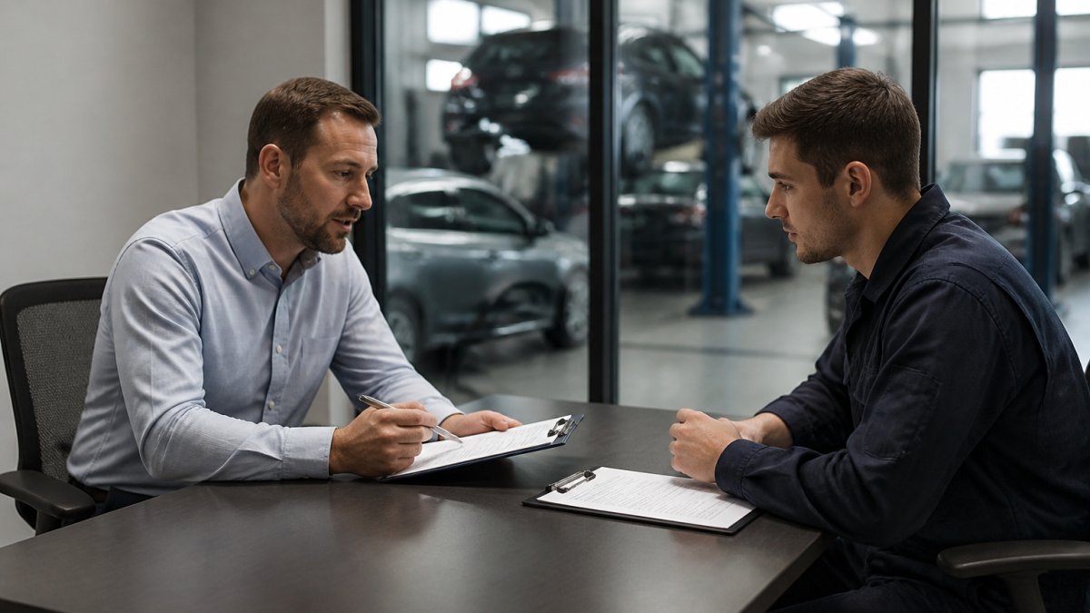 Hiring manager conducting structured interview with automotive technician candidate seated at table in professional workshop office setting, both reviewing notes on clipboard with pen visible