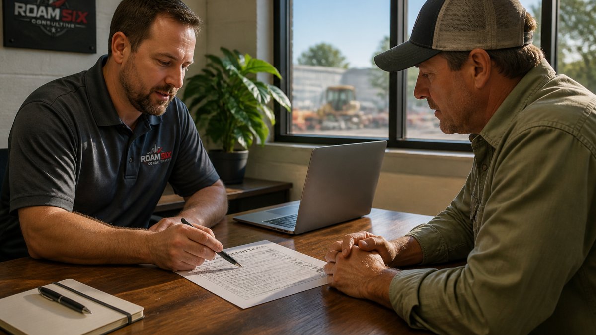 A business owner and a consultant seated across a table in a small office, reviewing a printed operations checklist with a laptop open between them, afternoon light through the window