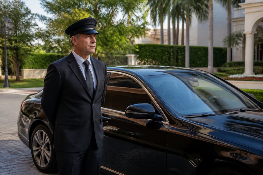 Professional chauffeur in dark suit and cap standing beside a luxury black sedan, maintaining a composed and trustworthy demeanor in afternoon light