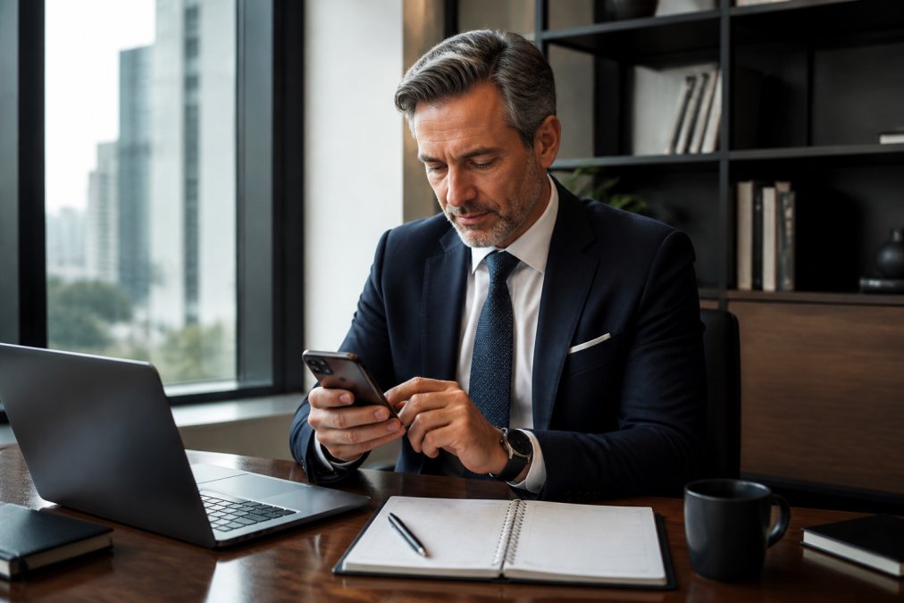 Business executive using a mobile phone to book transportation while seated in a modern office with laptop and calendar visible on the desk