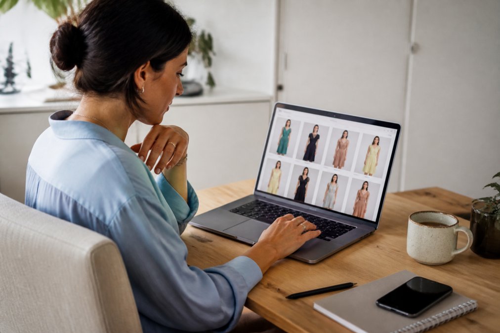 Woman browsing designer dress collections on a laptop in a bright home office, scrolling through formal gown options with genuine interest