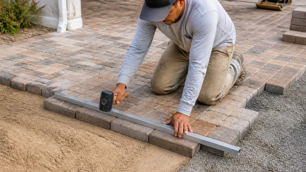 Contractor checking paver levels and joint spacing when you hire local paver professionals for your patio.