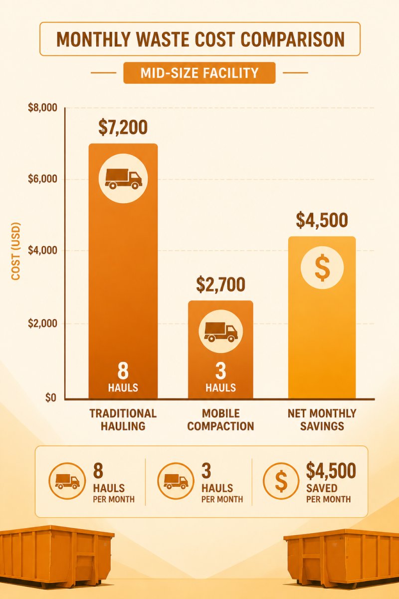 Bar chart showing cost savings for waste compaction experts by reducing monthly hauls from eight to three.