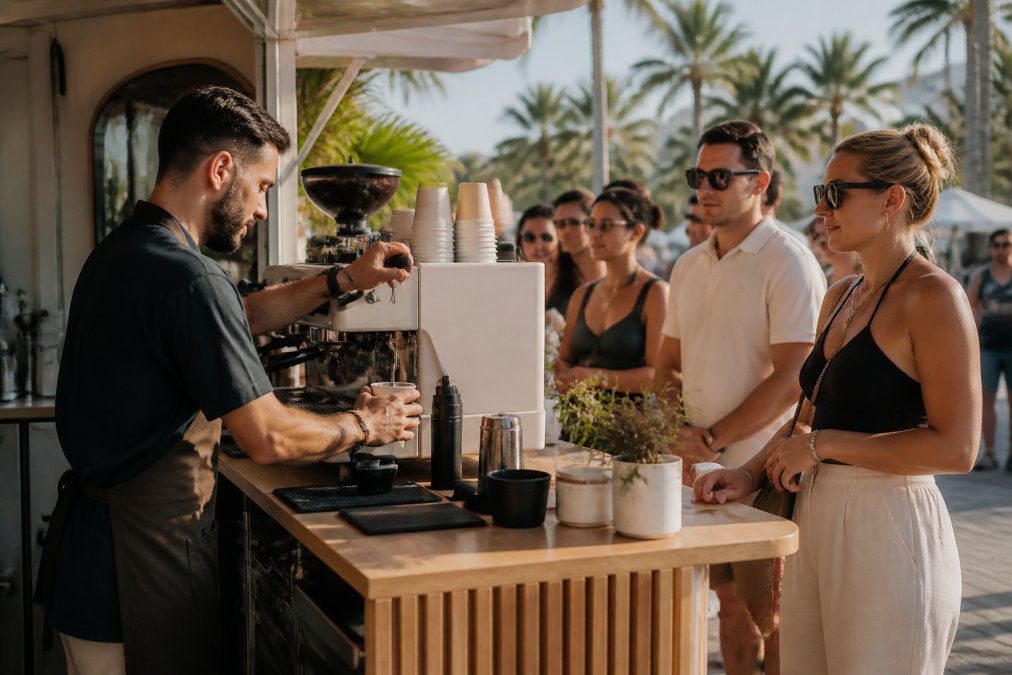Professional barista preparing espresso drinks at a mobile coffee cart during an outdoor event, with guests waiting in line and smiling, natural afternoon lighting