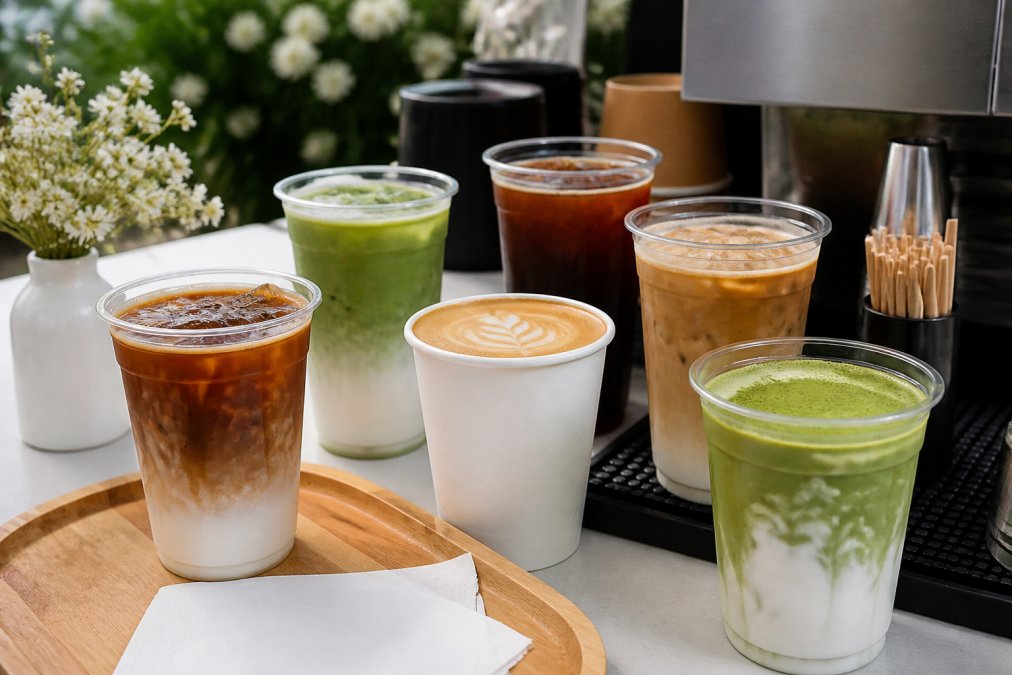 Close-up of specialty coffee drinks including lattes with latte art, cold brew, and matcha beverages displayed on a counter at a branded mobile coffee setup