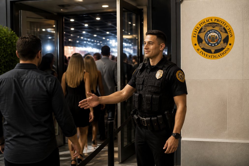 A uniformed police officer in full gear standing at the entrance of a large event venue under bright overhead lighting, professionally greeting attendees as they arrive