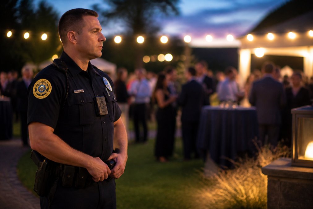 An off-duty officer in full police uniform standing near a crowd at an outdoor private event at dusk, calmly scanning the perimeter with professional awareness under warm ambient lighting