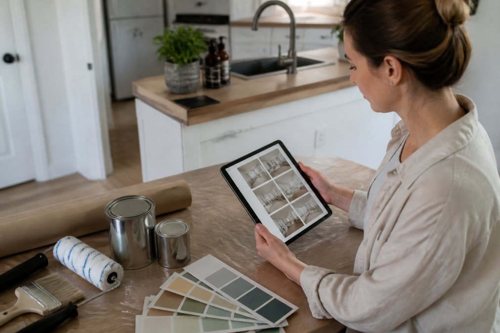 Homeowner reviewing a portfolio on a tablet to help hire painters for a kitchen renovation project