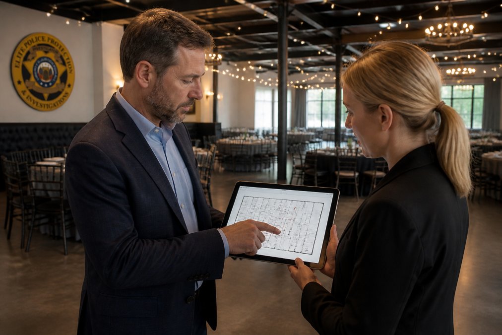 A security consultant and business owner review event entry points on a tablet before they hire private security.