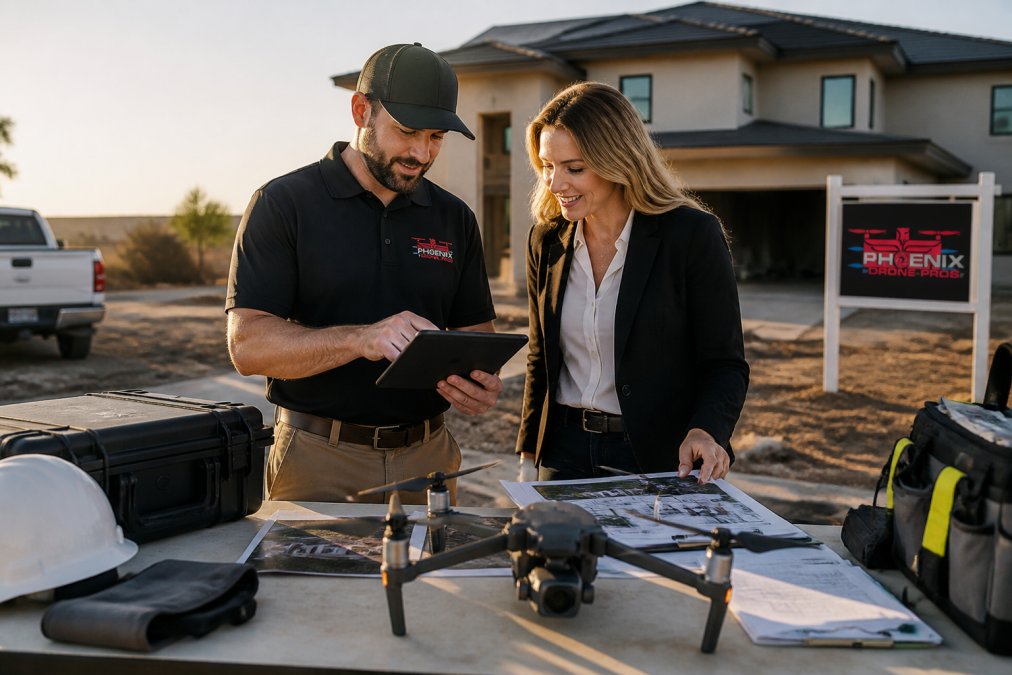 A real estate agent and a drone pilot reviewing aerial property photos on a tablet at a job site, with a professional drone visible in the foreground, late afternoon sunlight