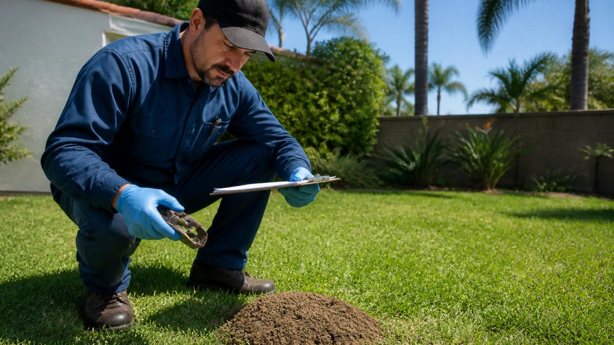 Pest control technician inspecting a gopher mound while using professional gopher control equipment in a lawn
