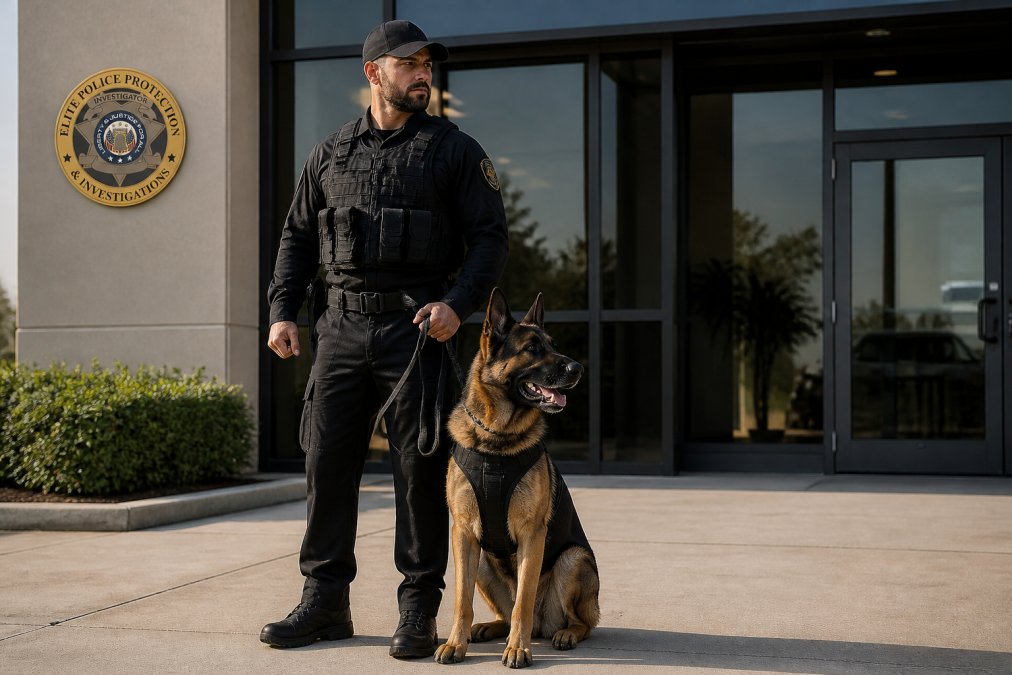 Professional K9 handler in tactical uniform standing with a trained German Shepherd at a commercial facility entrance, demonstrating alert posture and professional bearing in daylight