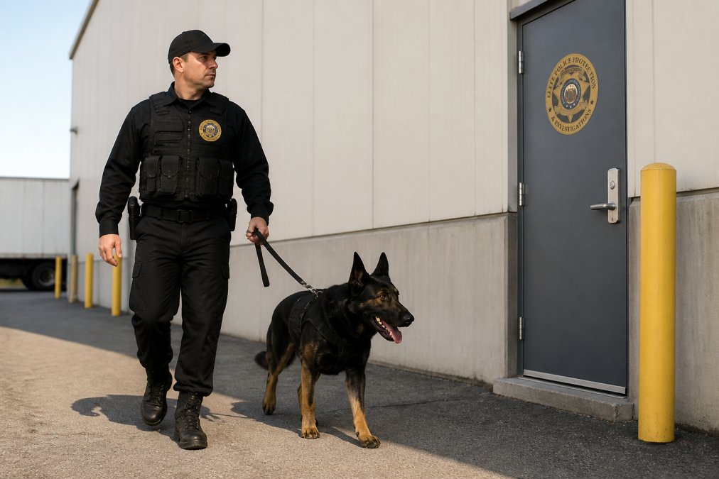 K9 security team conducting perimeter patrol around a warehouse exterior with handler and dog working together in outdoor industrial setting during daylight