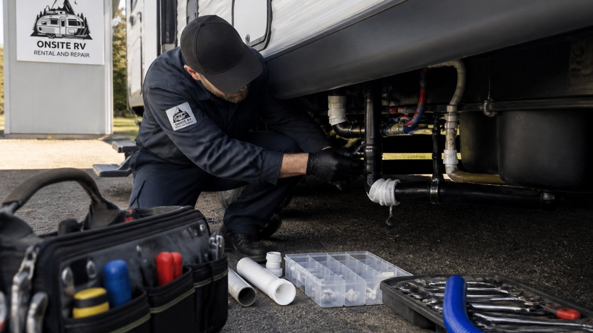 Professional RV technician in work uniform inspecting the undercarriage and plumbing connections of a travel trailer at a customer's site
