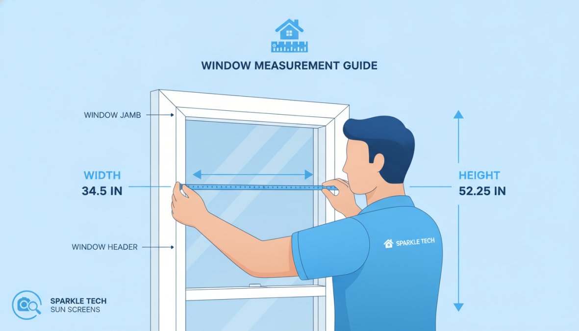 Professional measuring a window frame with a tape measure, showing proper technique at the jamb and header with careful attention to dimensions