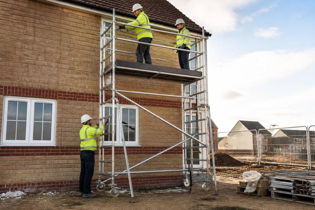 Contractors assembling an aluminium scaffold tower on a residential building site, showing the stable platform with workers positioned at working height, morning light illuminating the structure