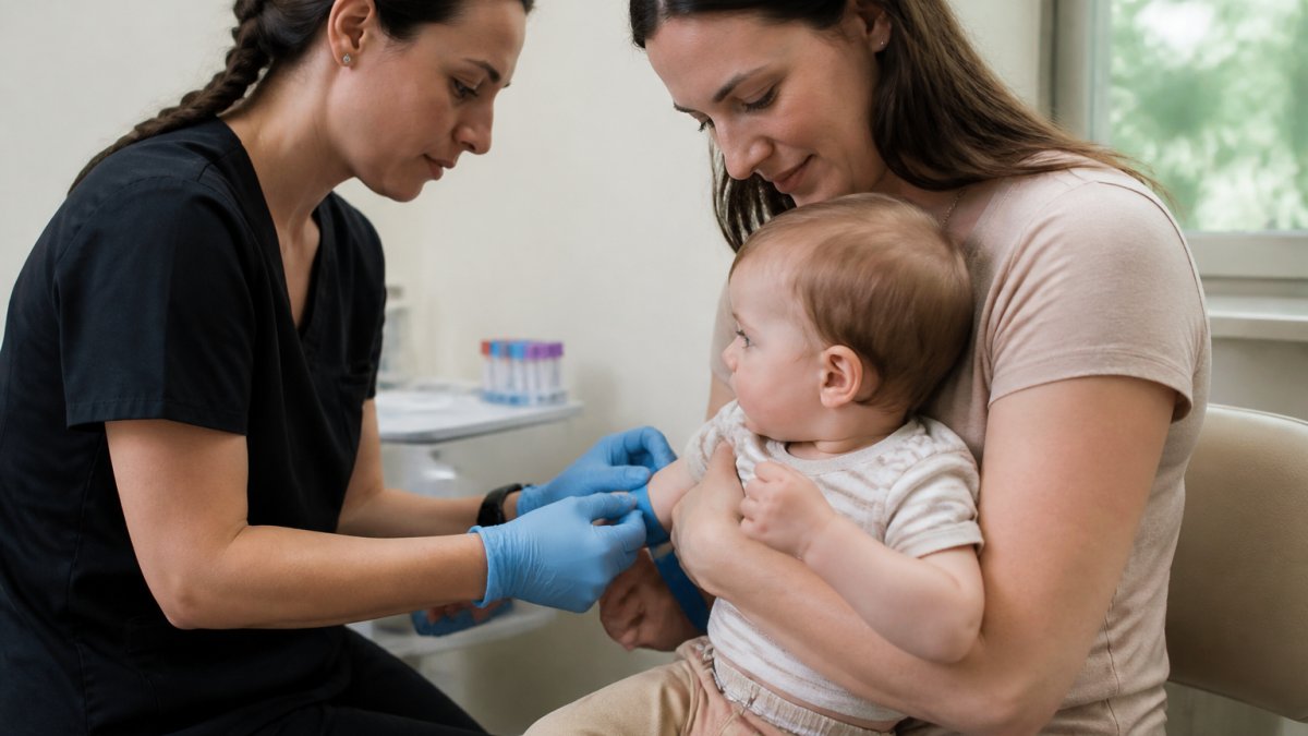 Healthcare professional demonstrating secure baby positioning during blood draw, caregiver's arm supporting infant's body with gentle but firm grip, professional medical setting with natural lighting
