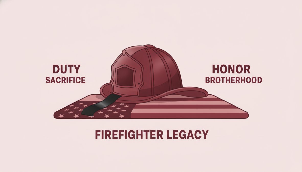 Close-up of a firefighter's helmet resting on a folded American flag with a black mourning band draped across the brim, showing the Maltese cross symbol clearly in natural light