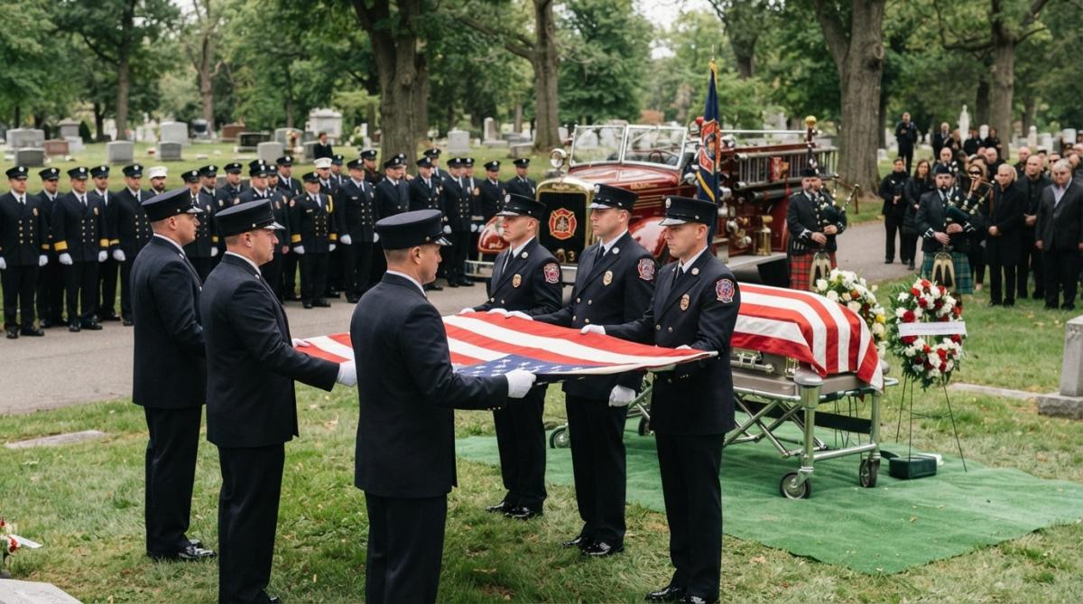Honor guard in dress uniforms standing at attention with flags and bagpipes during a solemn firefighter funeral ceremony with community members lining the street