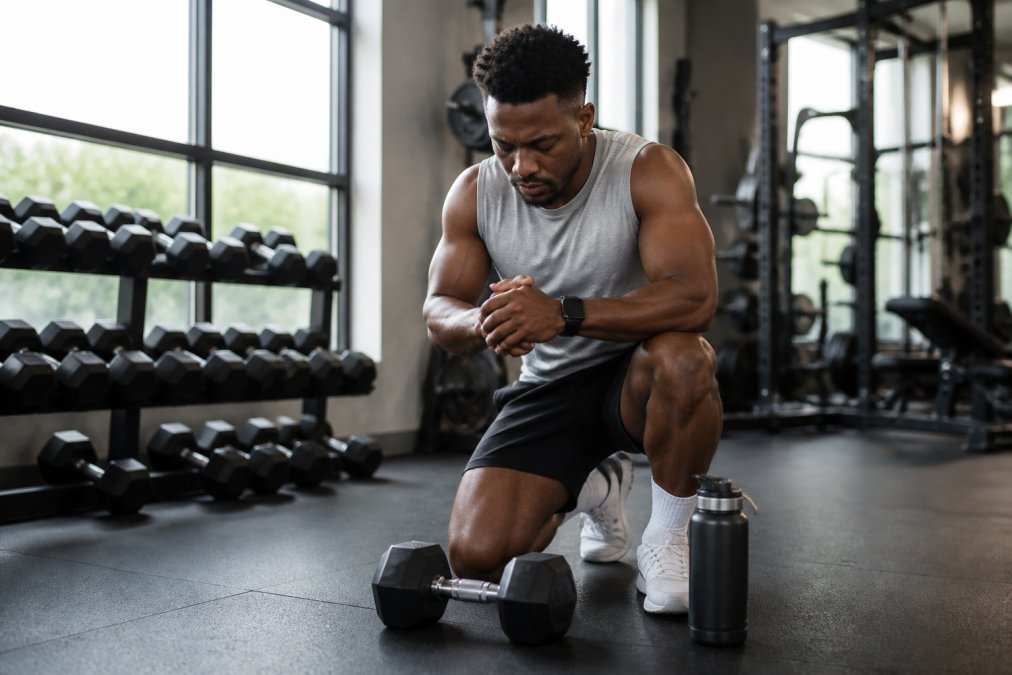 Person pausing mid-workout in a gym to pray, choosing to honor God through exercise with quiet intercession.