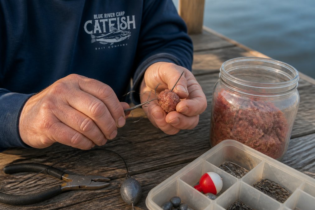 Close-up of an angler's hands threading a treble hook into a wad of punch bait on a wooden dock, with a tackle box and bait jar nearby, natural morning light
