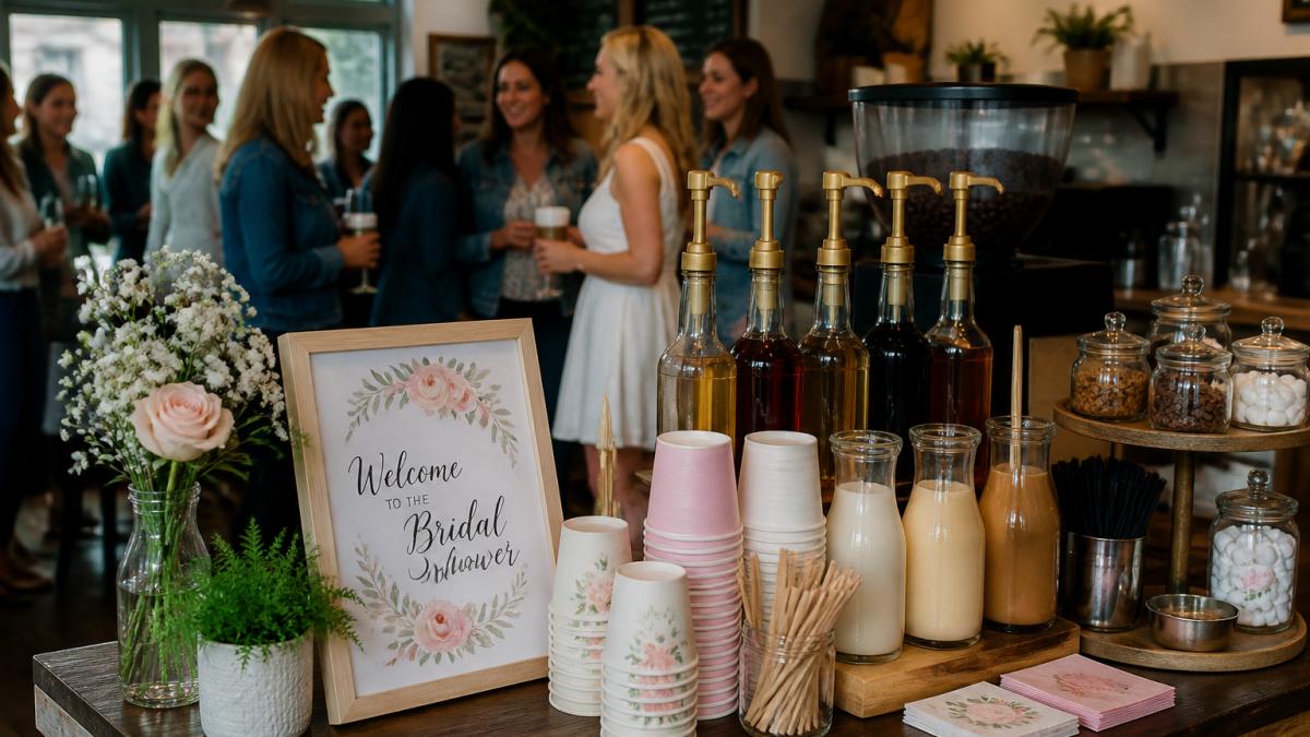 Coffee bar with personalized cups and syrup pumps at a cozy bridal shower in a local coffee shop