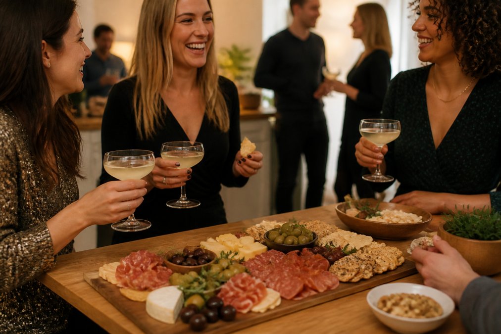An overhead spread of cocktail party appetisers arranged on a wooden board, featuring cured meats, cheese, olives, crackers, and fresh herbs, with coupe glasses of cocktails positioned nearby on a light wooden surface