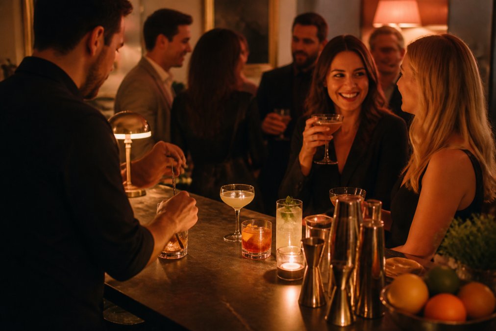 A warm, intimate home bar setting with soft golden lighting casting gentle shadows, cocktails arranged on a dark counter, and guests mingling in soft focus in the background, creating an inviting and sophisticated atmosphere
