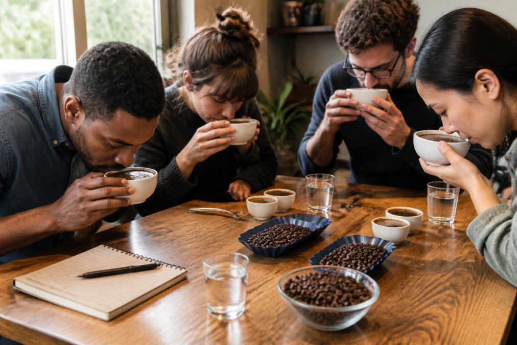 Infographic showing the step-by-step process for hosting a coffee tasting party with friends at home.