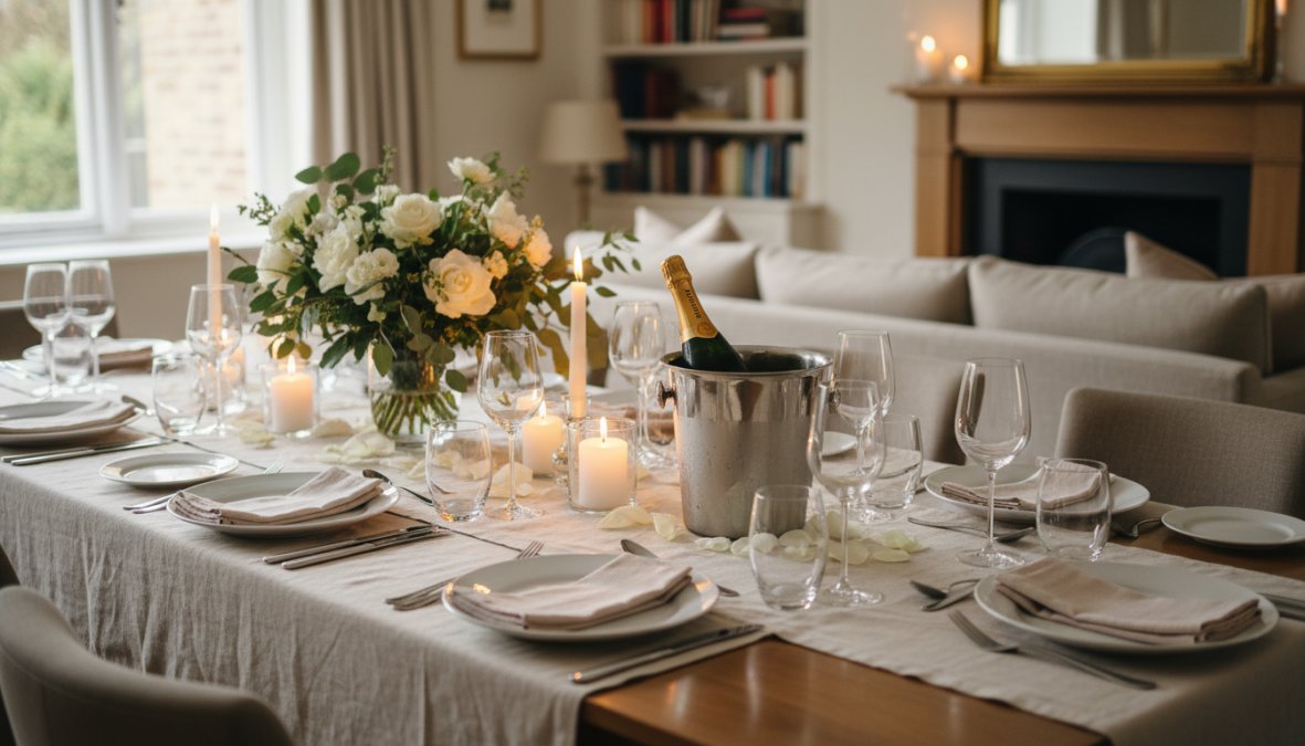 A beautifully set dinner party table viewed from slightly above, with crisp white linen napkins folded at each place setting, polished wine glasses catching warm candlelight, a prosecco bottle resting in a silver ice bucket at the table's centre, three pillar candles of varying heights, and a low arrangement of white flowers in a ceramic vase, set in an intimate dining room with warm amber lighting