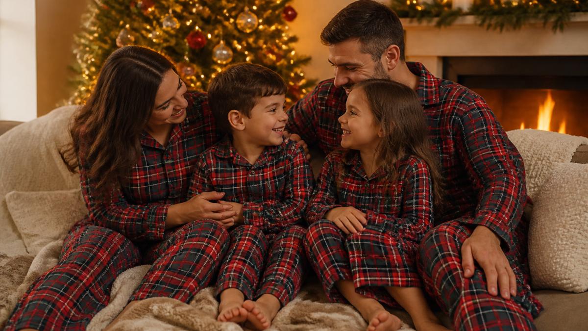 Family of four in matching plaid pajamas relaxing on a couch by a glowing Christmas tree with warm holiday decor.
