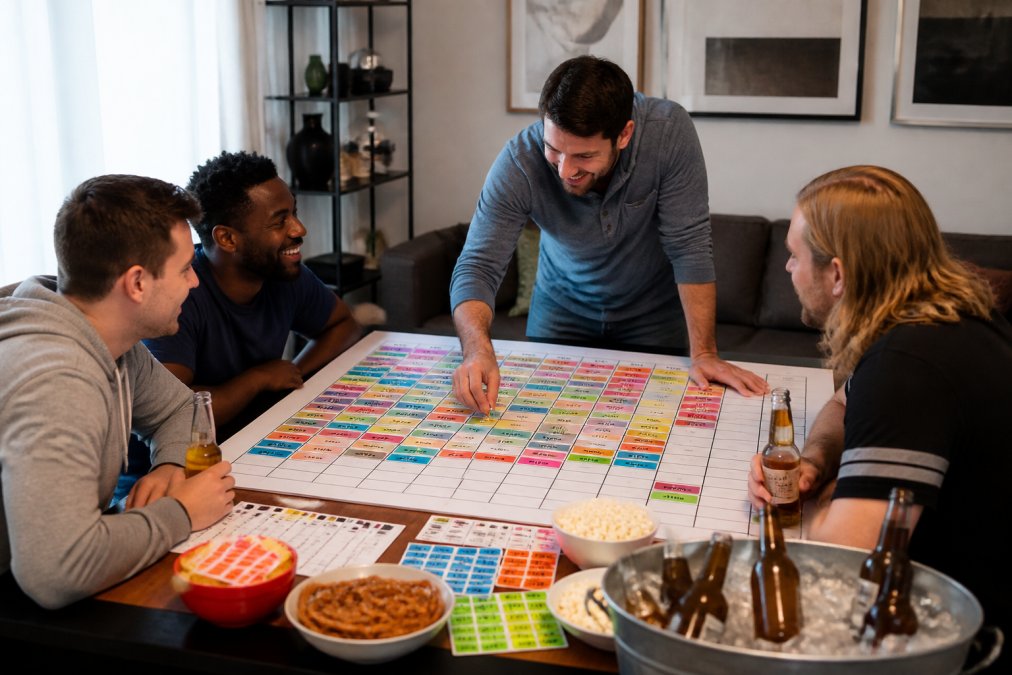 A group of friends gathered around a table with a large printed draft board, colorful stickers marking player picks, snacks and drinks nearby in a well-lit living room