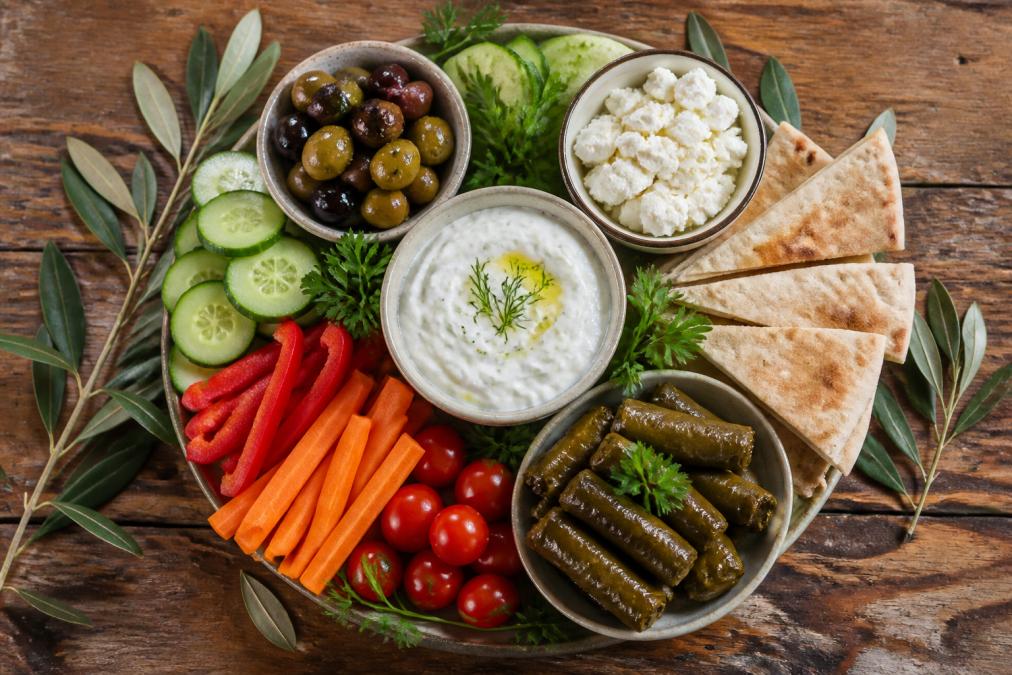 Overhead view of a colorful meze platter with creamy tzatziki, briny olives, crumbly feta cheese, grape leaf dolmades, warm pita bread, and fresh vegetables arranged on a rustic wooden table with olive branches as garnish