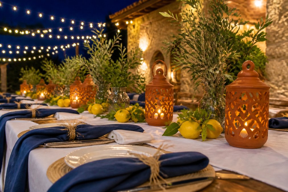 Festive dining table set with white linens, blue napkin accents, warm fairy lights strung overhead, terracotta lanterns with glowing candles, fresh lemon and herb centerpieces, and raffia string place card holders on a wooden surface