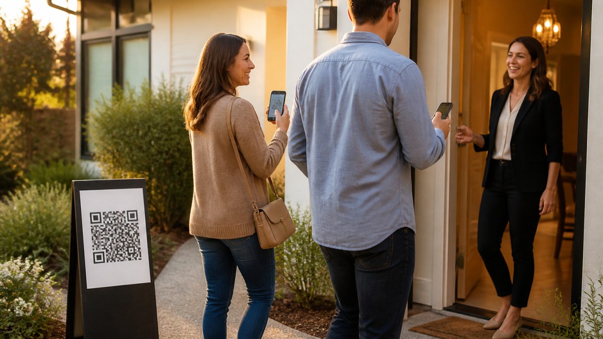 Real estate agent greeting a couple using a QR code for a hybrid open house check-in at a bright home entrance.