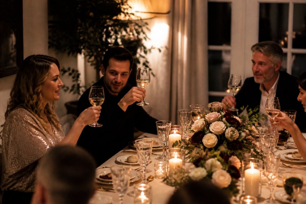 Intimate dinner party in progress with guests seated around candlelit table, soft overhead lighting creating warm ambiance, floral centrepiece with roses and greenery, wine glasses raised mid-conversation, table set with fine china and polished silver