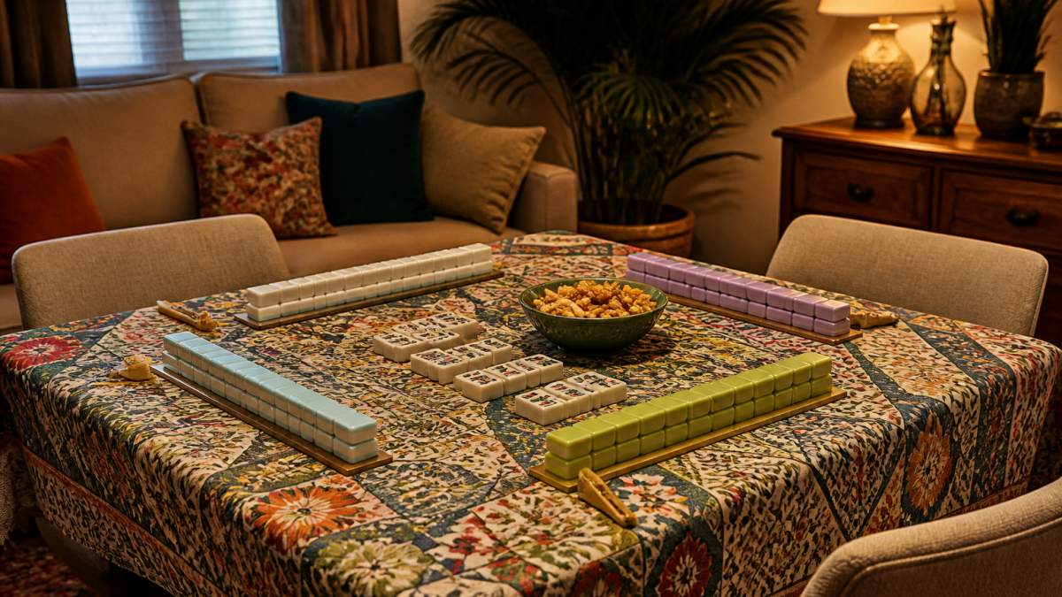 Diagram illustrating the essential setup and arrangement of a square table for a social tile game night