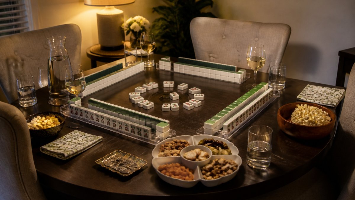 Diagram illustrating the essential setup for a four-player game night with tiles, snack arrangements, and lighting.