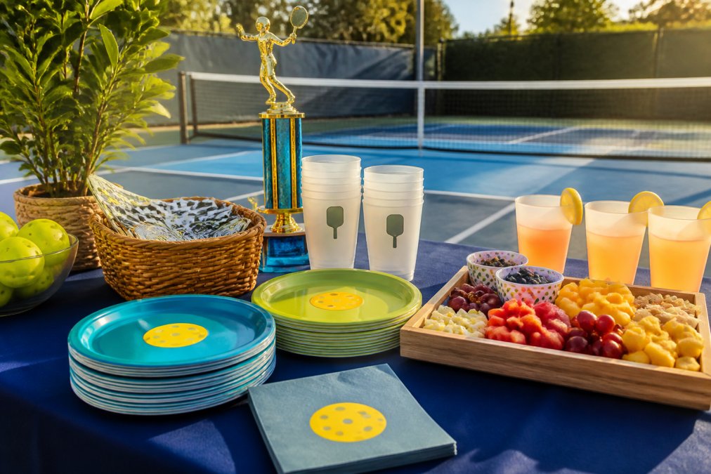 A vibrant outdoor pickleball party setup with colorful melamine plates, frosted plastic cups, and a pickleball net visible in the background under late afternoon sun
