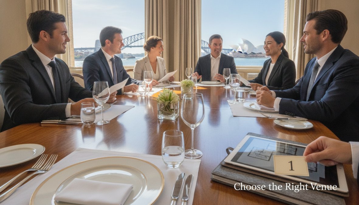 Professional business team seated around a polished dining table in an elegant private dining room with natural lighting, refined place settings, and water glasses