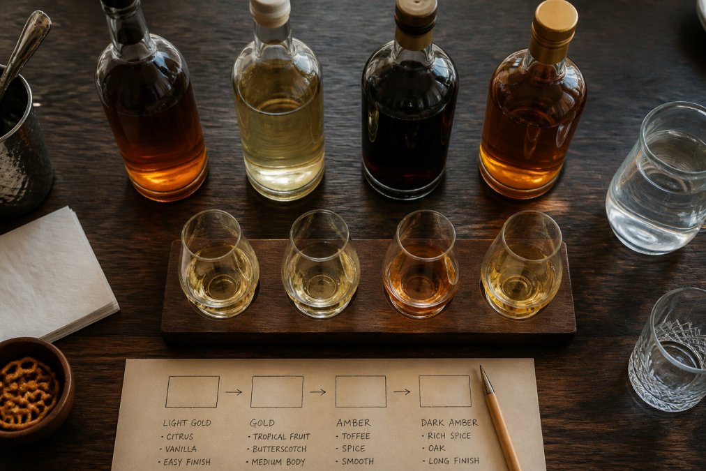 Diagram showing the setup for a rum tasting with four bottles, glasses, and a handwritten tasting mat.