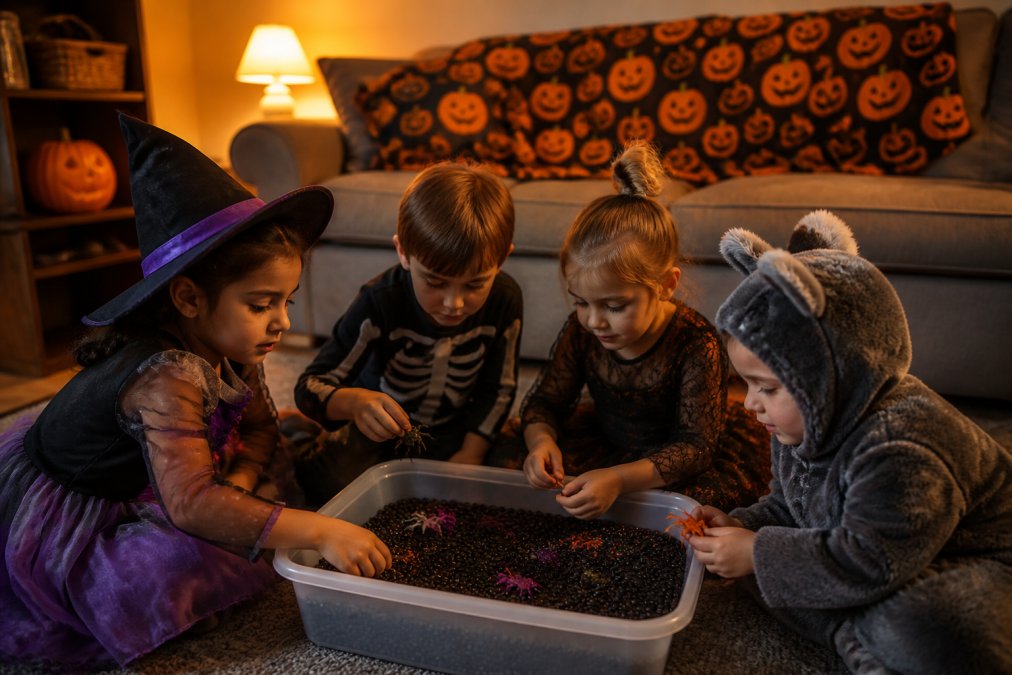 A cozy living room set up for a low-key Halloween party: kids in soft costumes sitting on the floor around a sensory bin filled with dry black beans and plastic spiders, a hooded pumpkin blanket draped over a couch behind them, warm lamp light instead of overheads