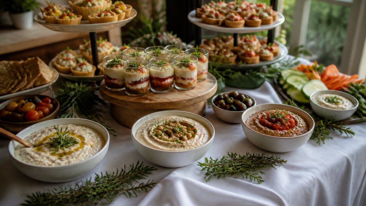 Elegantly arranged appetizer buffet table with multiple dip bowls in varying heights, tiered platters of finger foods, garnished serving dishes, and fresh herb garnishes on white linens
