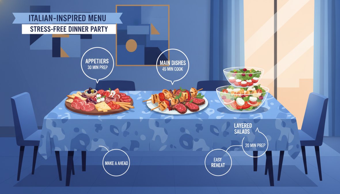 An elegantly styled dinner table with Italian-inspired dishes including a charcuterie board, marinated meats in ceramic dishes, and vibrant layered salads, set in a warmly lit home dining room with candles and linen napkins