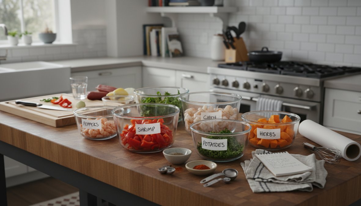 A home cook in a bright kitchen organizing prepped dishes in glass containers with lids, with labeled bowls of marinated meats, chilled desserts in ramekins, and layered salads ready for the refrigerator, organized neatly on a marble countertop